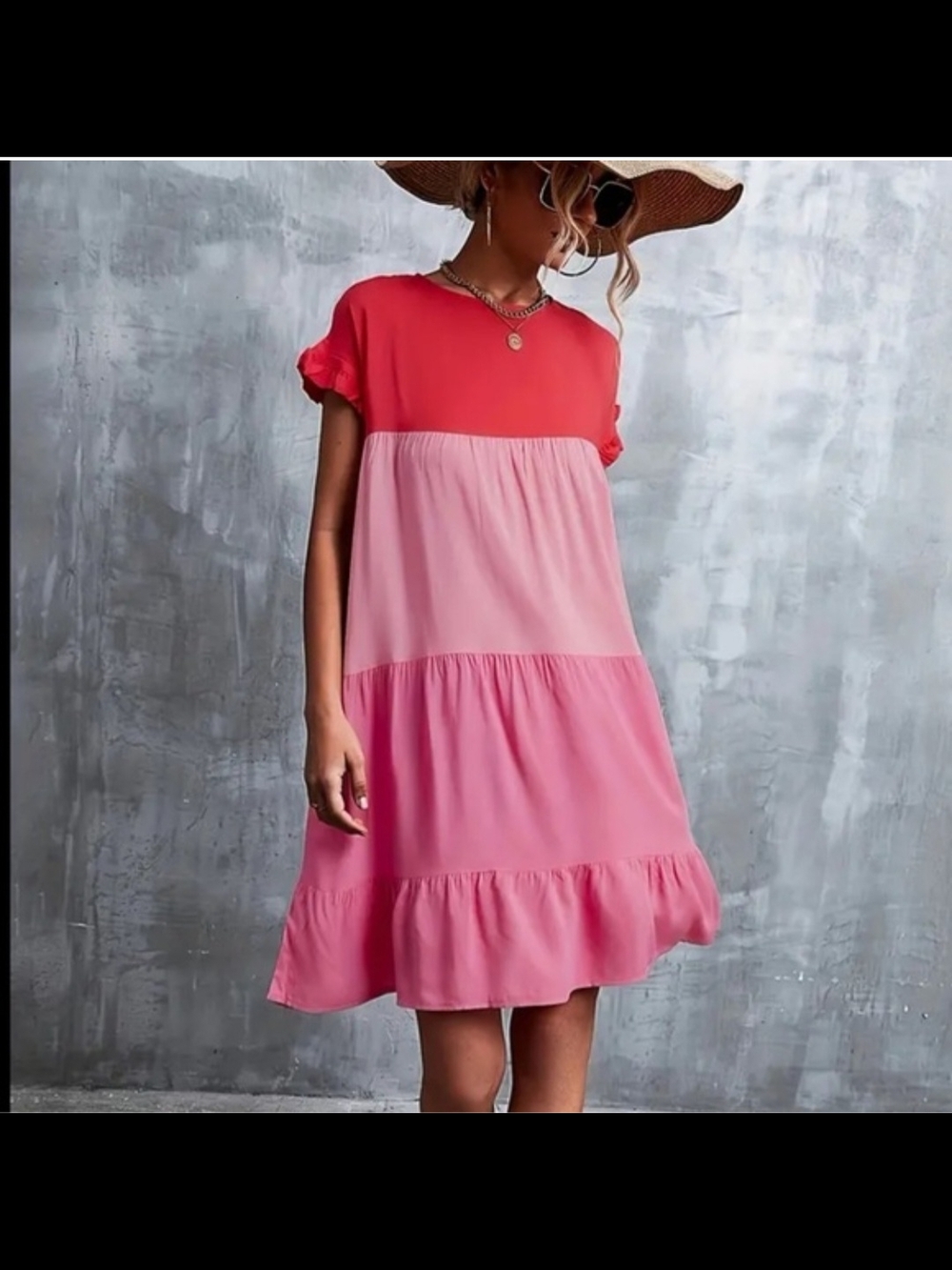 EUC Colorblock Pink Tiered Short Sleeve Dress
